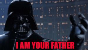 Lista de verbos en inglés: Darth Vader con el texo I am your father en letras rojas
