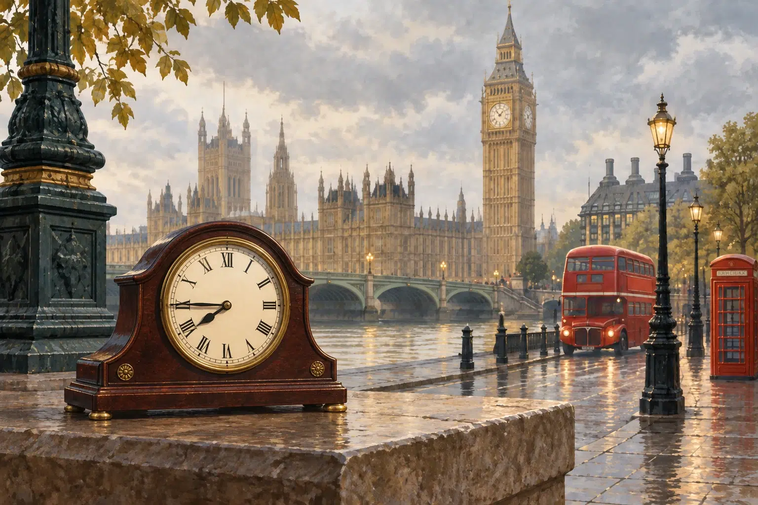 Las horas en inglés: del reloj a la conversación Reloj británico antiguo a las siete y cuarenta y cinco, con Westminster y un autobús rojo de Londres al fondo.