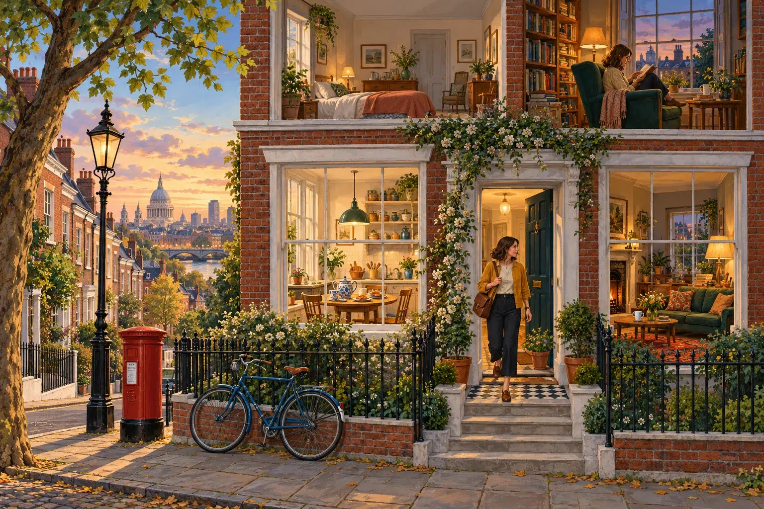 Rutina diaria en inglés: cuenta tu día y ponlo en práctica Una casa británica ilustrada con escenas de desayuno, salida al trabajo y lectura al final del día