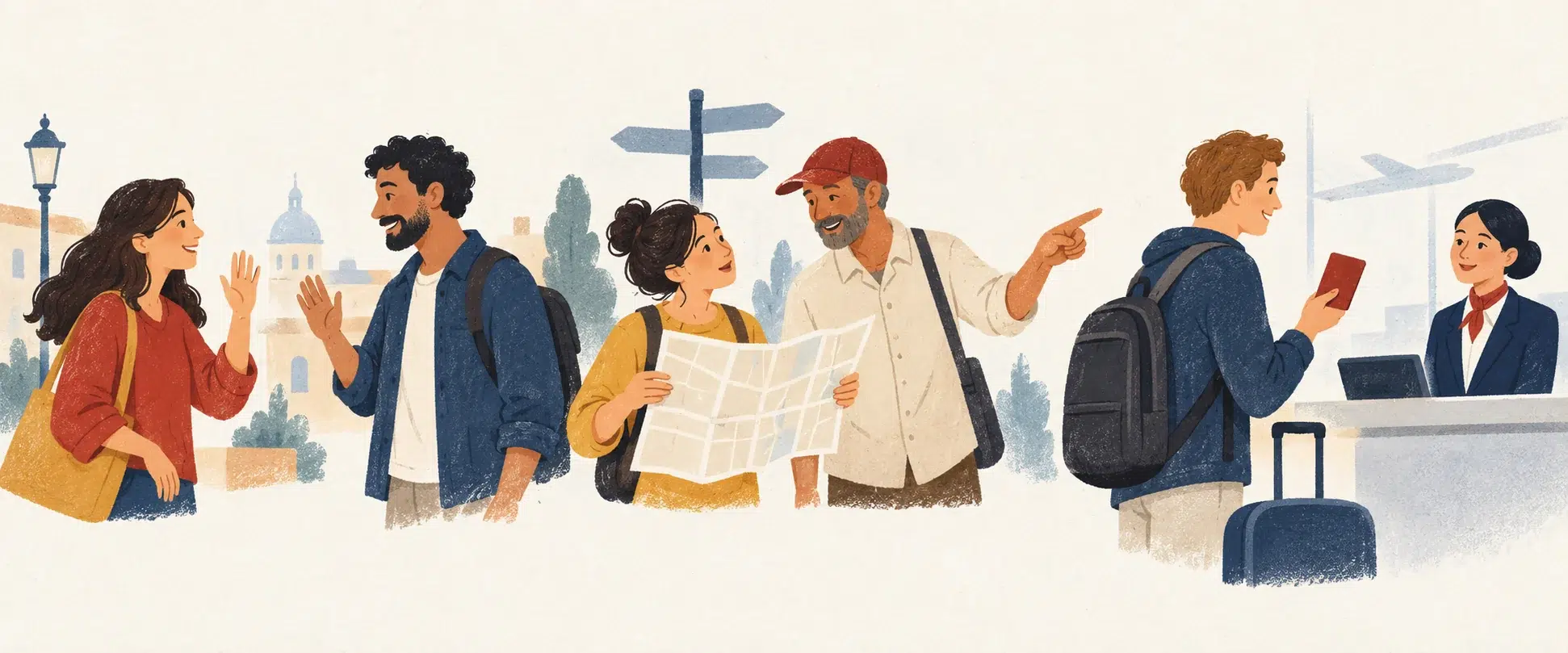 Personas que se saludan, piden indicaciones y se comunican durante un viaje.